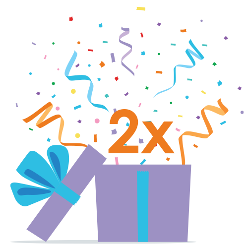 illustration of a gift box opening with confetti and text of - 2x